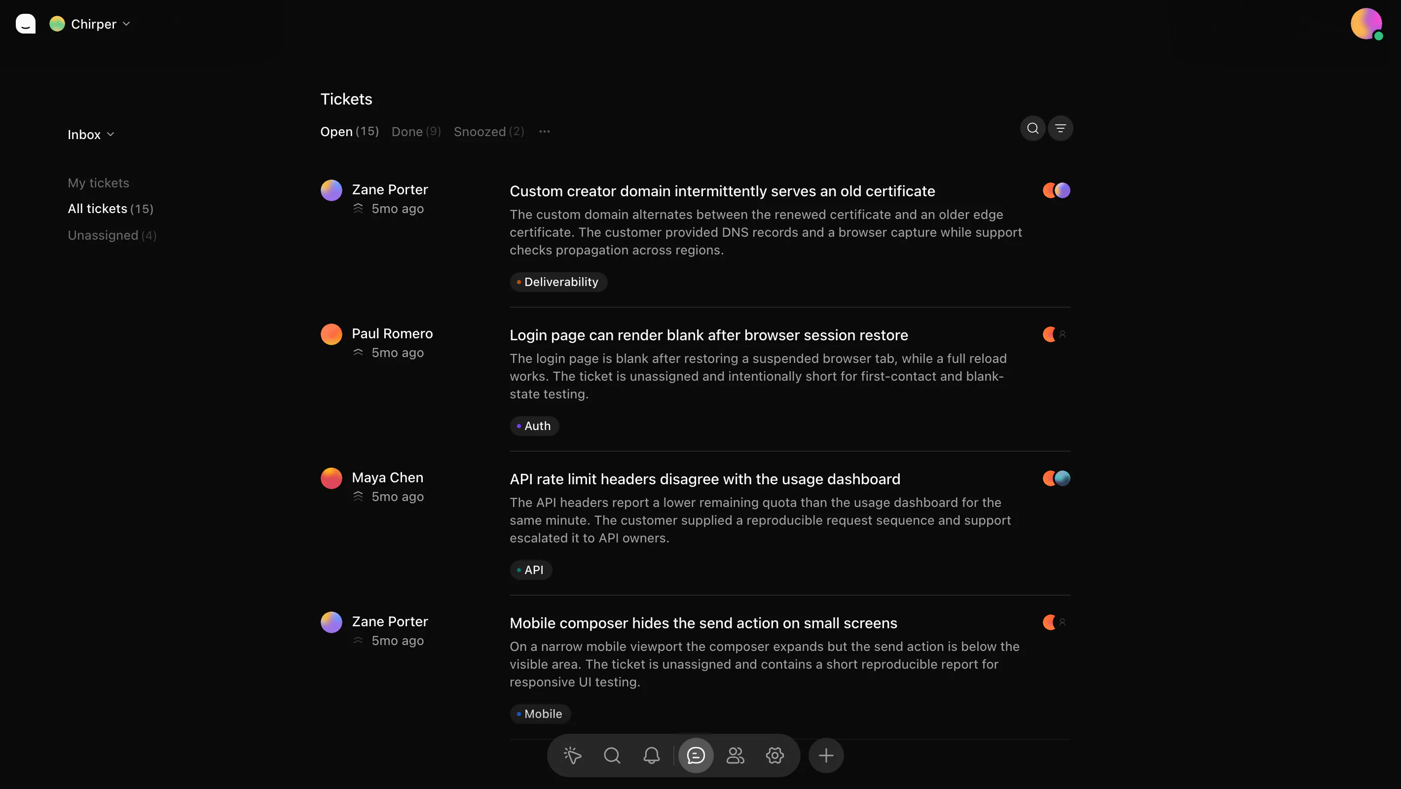 The Poise inbox, showing open conversations with the customer who wrote in and a short summary of each one.