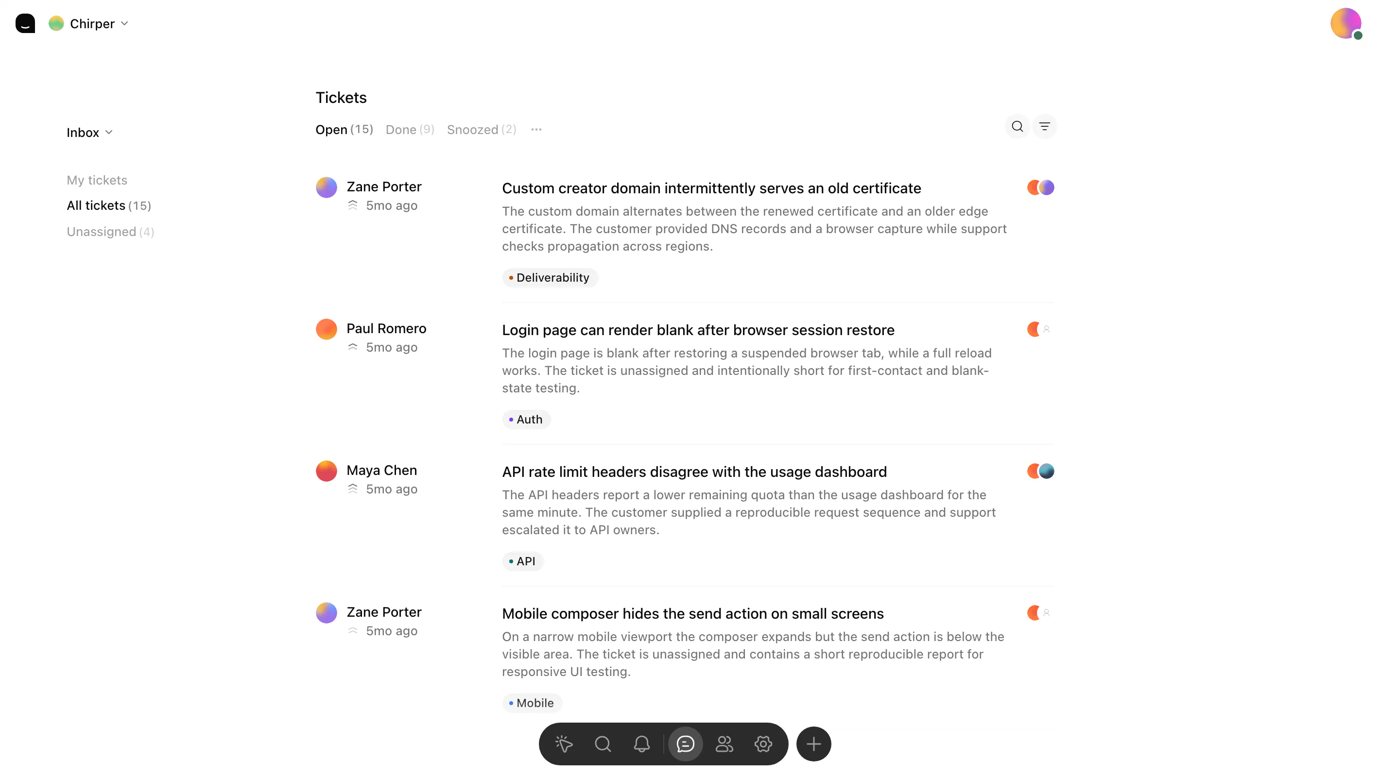 The Poise inbox, showing open conversations with the customer who wrote in and a short summary of each one.